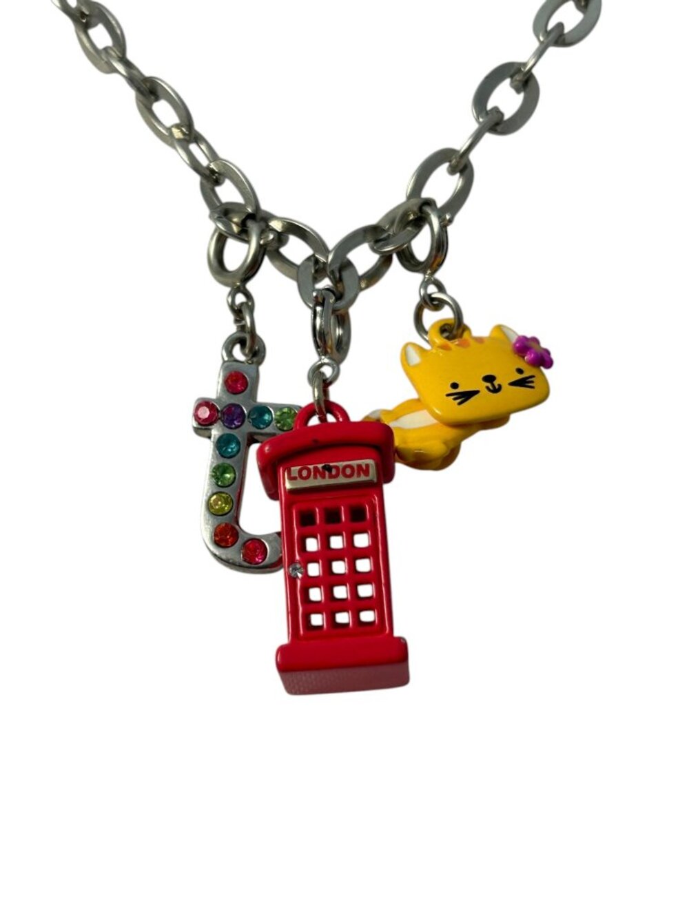 Charm It Necklace 3 Charms Swivel Kitty London Photo Booth Letter T Rhinestones